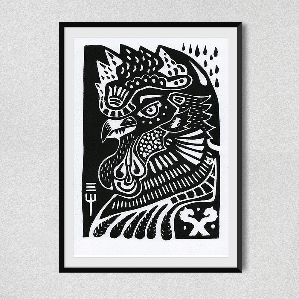 rooster linocut