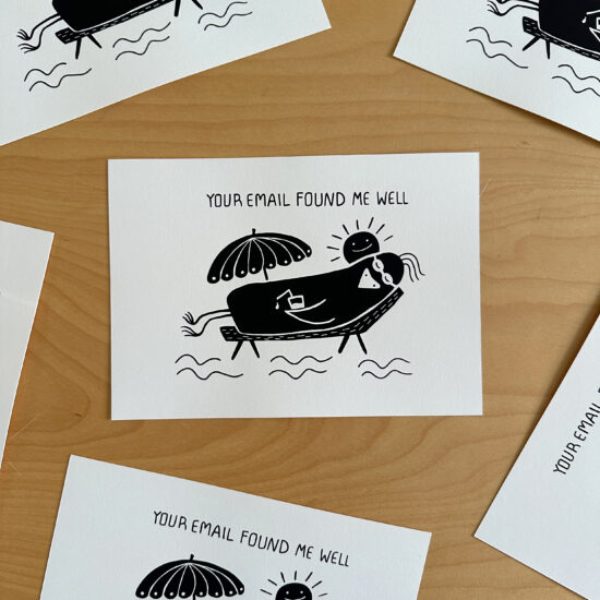 screenprint of black cartoon bird resting on the beach saying: your EMail found me well