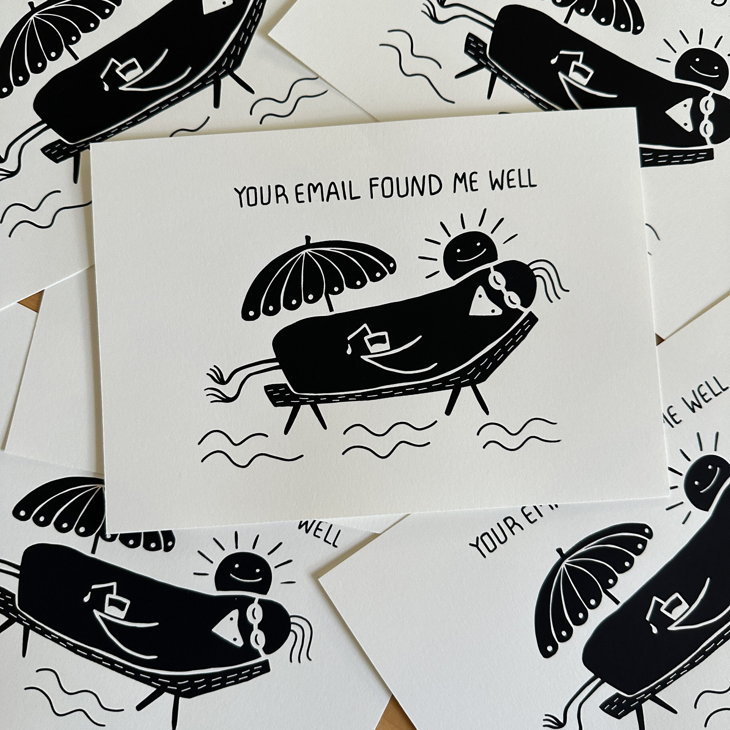 screenprints of bird cartoon resting on the beach saying your email found me well