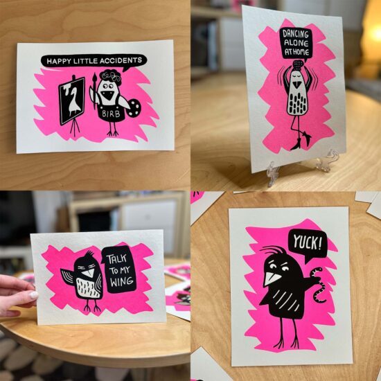 mini screen prins of cartoon birds with speech bubble in pink and black